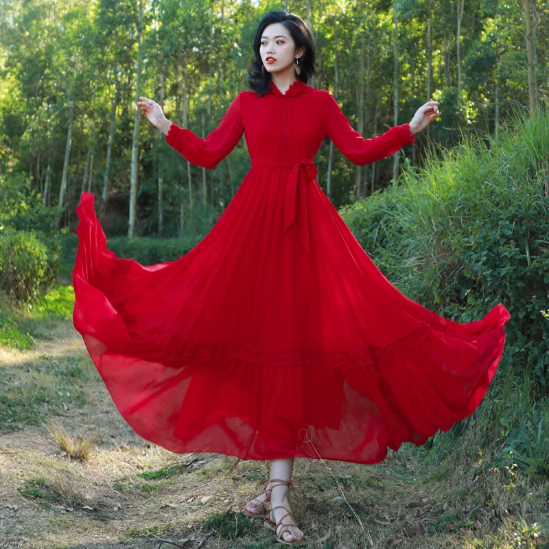 

Vintage Dress Women Chiffon Maxi Red Dress 2020 Spring Summer New Long sleeve Hooded Female Dresses Long Sleeve Dress Vestidos