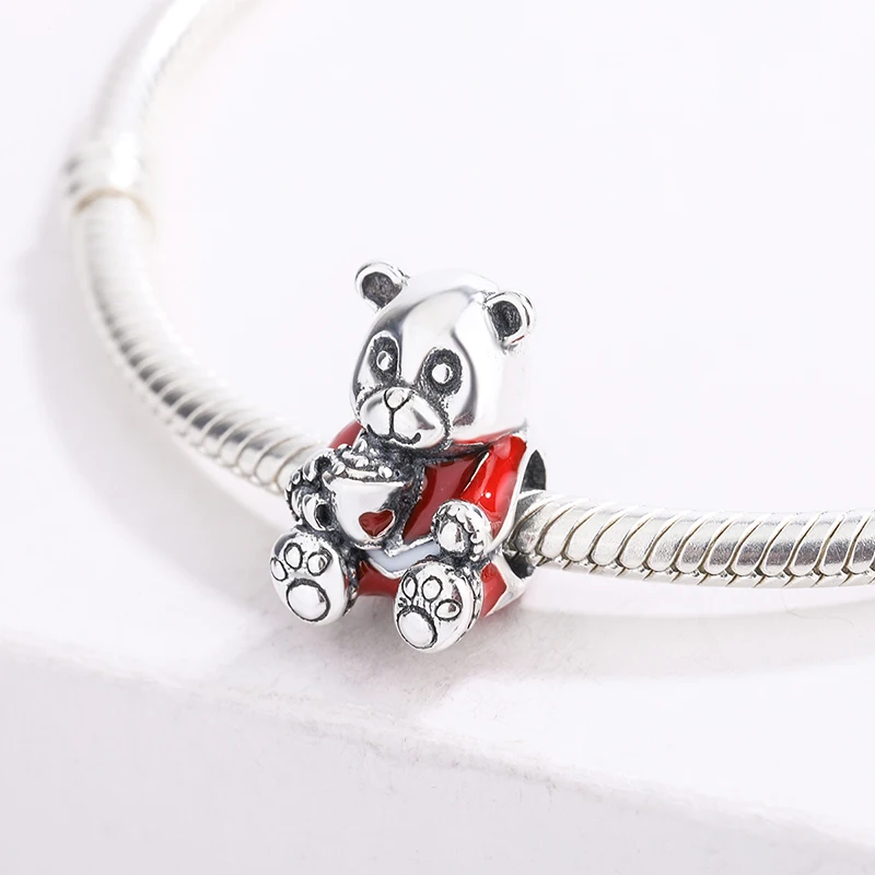 

925 Sterling Silver Red Enamel Cartoon Animal Teddy Bear Pendant Charm Bracelet DIY Jewelry Making For Original Pandora