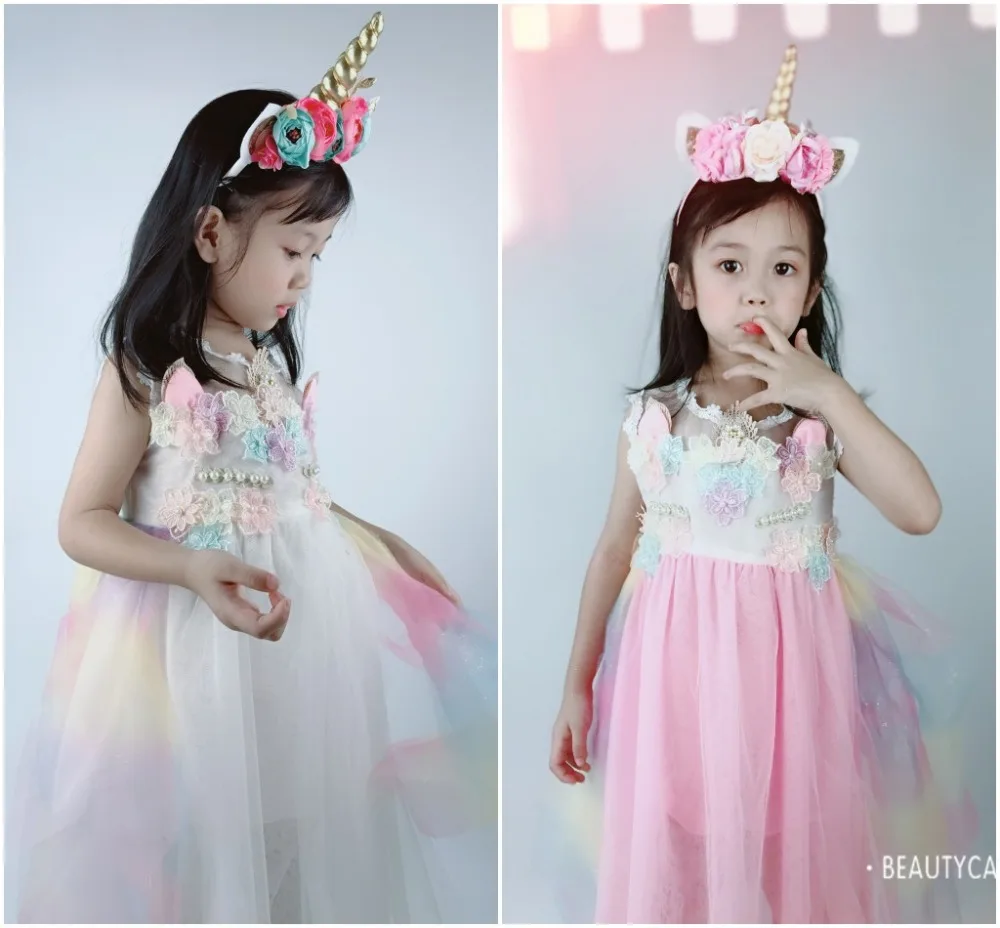 Clear Sales Unicorn Girls Dress Rainbow Embroidery Flowers Toddler Sundress Princess Kids girls Party Summer Wedding dress 1-10Y | Детская