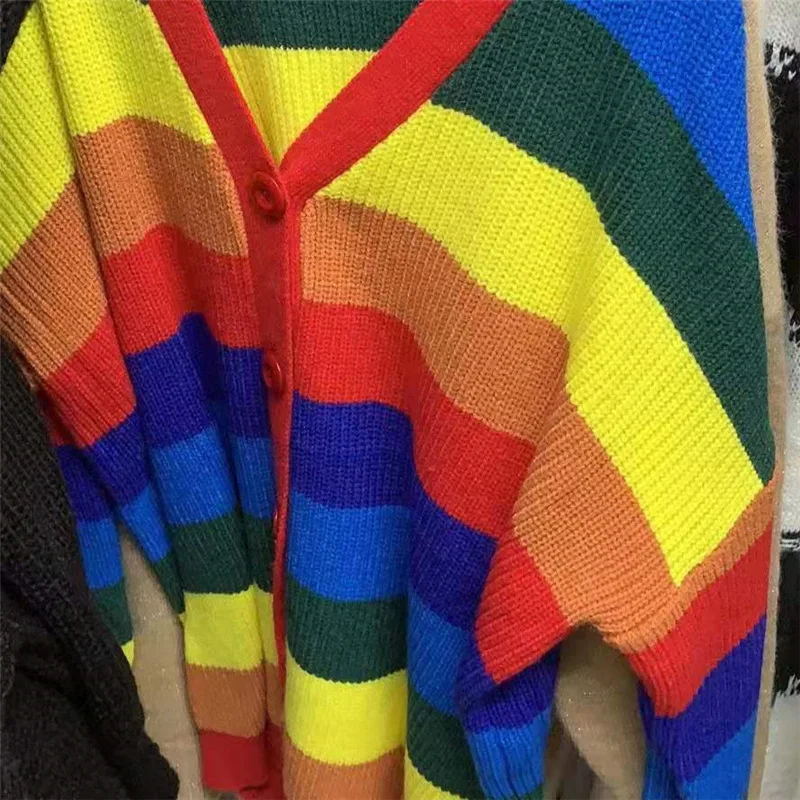 Knitted Cardigan Women 2020 Autumn &ampWinter KPOP Rainbow Striped Outwear Female Loose Casual Long Sweater Jacket Coat L0162 |