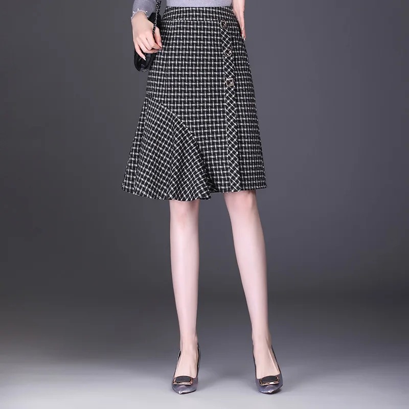 

Fashion Plaid Splice Ruffles High Waist Bodycon Fishtail Skirt for Women Elegant Slim Casual Formal Knee-length Skirts Lady 8209