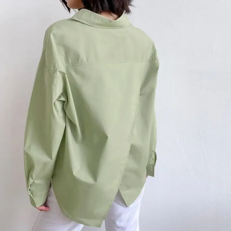 

EleeMee Women Shirt Kick Up Long Sleeve Breasted Cardigan Turndown Collar Loose Solid Color Concise Fashion Casual Tops Size S-L
