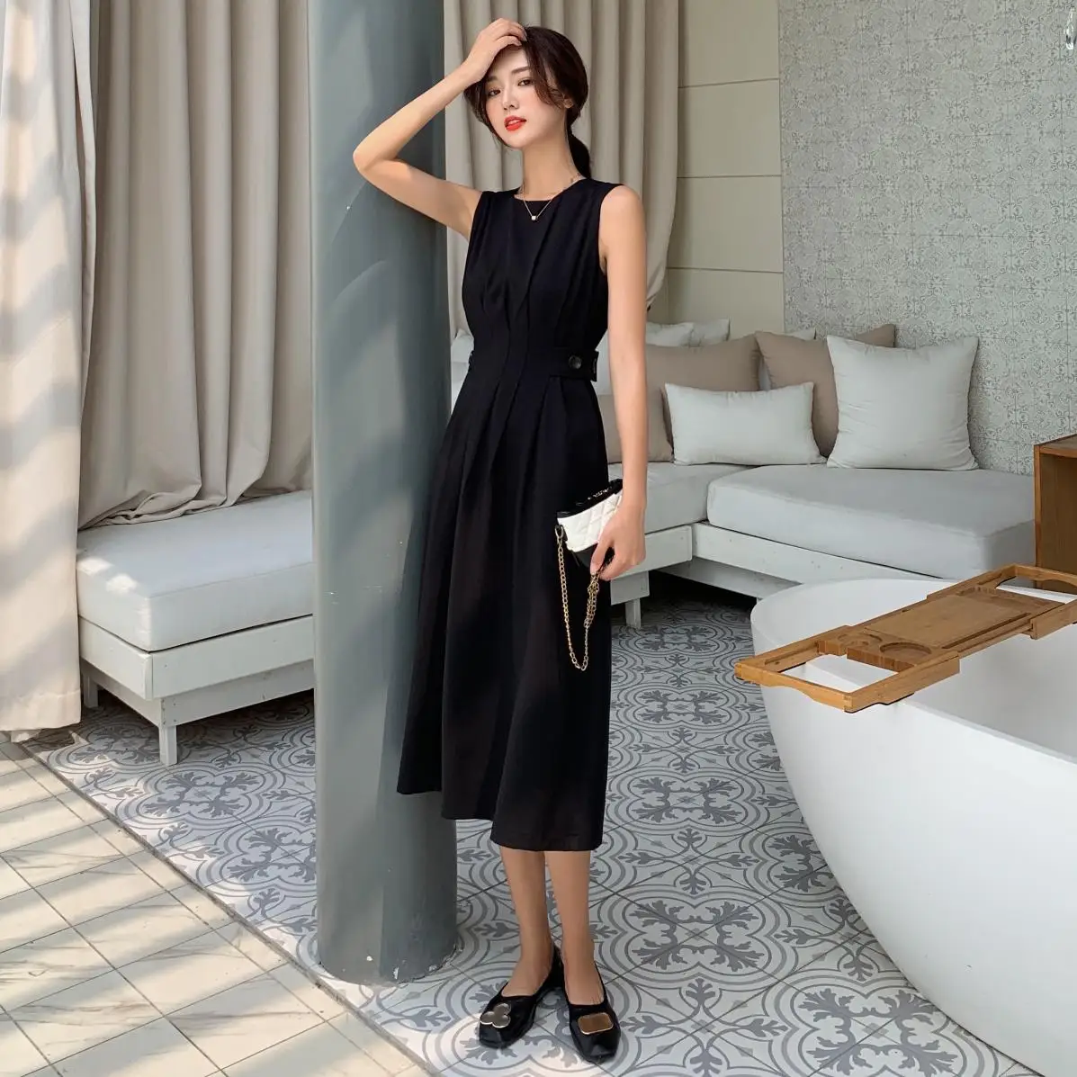 

Elegant Slim Waist A-line Women Dress 2021 Summer Temperament O-neck Sleeveless Solid Pockets Midi Dress Workwear Vestidos