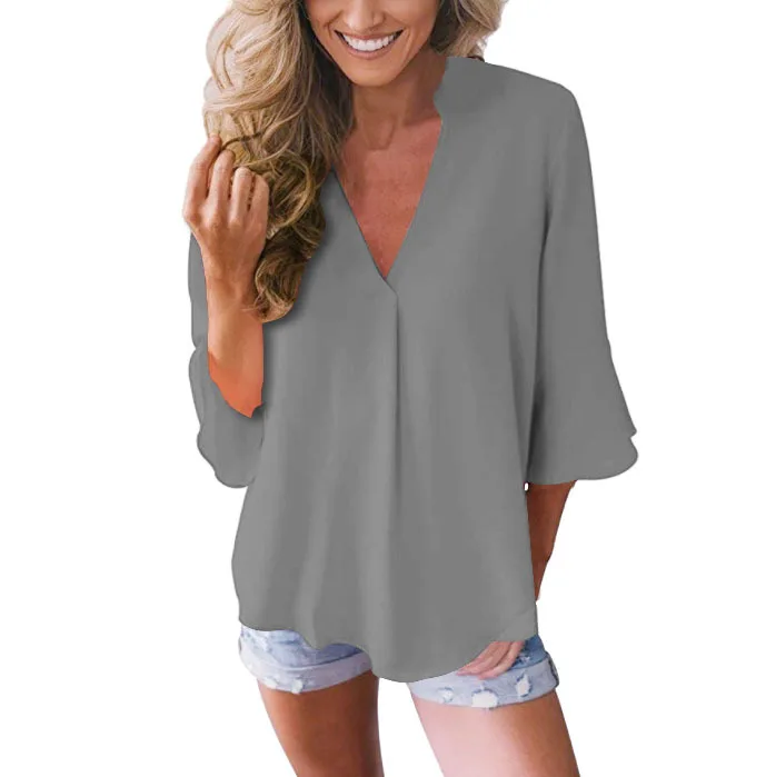 Ladies New Shirt Casual Solid Color V-Neck Sleeve Top Butterfly Chiffon Blouse Elegant Loose Office Large Size 5XL | Женская одежда