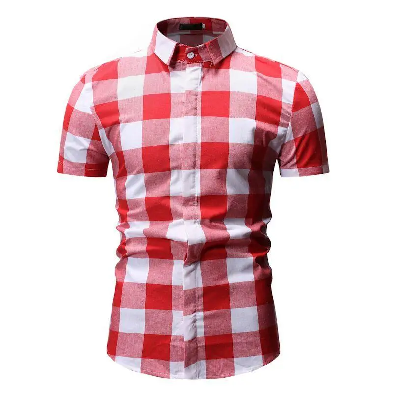 

2021 Mens Short Sleeve Checkered Button-Down Blouse White Plaid Red Shirt Mens Fashions Chemise Homme Dress Shirts Men Clothes