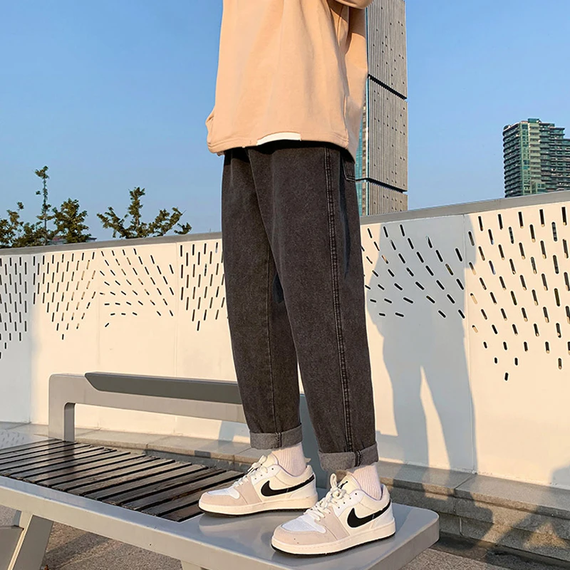 

Hzirip 2021 New Four Seasons Trousers For Men Casual Trendy Men's Jeans Loose Straight-Leg Nine-Point Pants sSolid Color