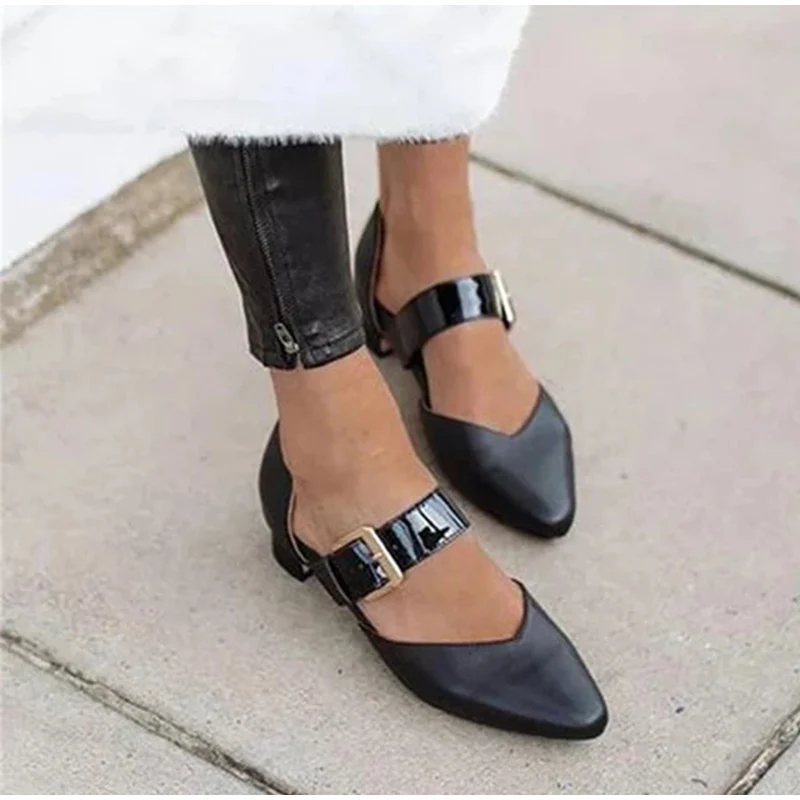 

2020 Womens Pointed Toe Sandals Ladies Buckle Strap Low Heel Shoes Woman Outdoor New Fashion PU Leather Non Slip Sandals