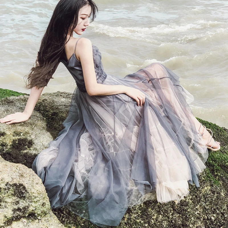 

Bohemia Ruffles Mesh Patchwork Backless Dress Women Summer Chiffon Holiday Beach Bohemia Sundress Casual Boho Fairy Long Dress