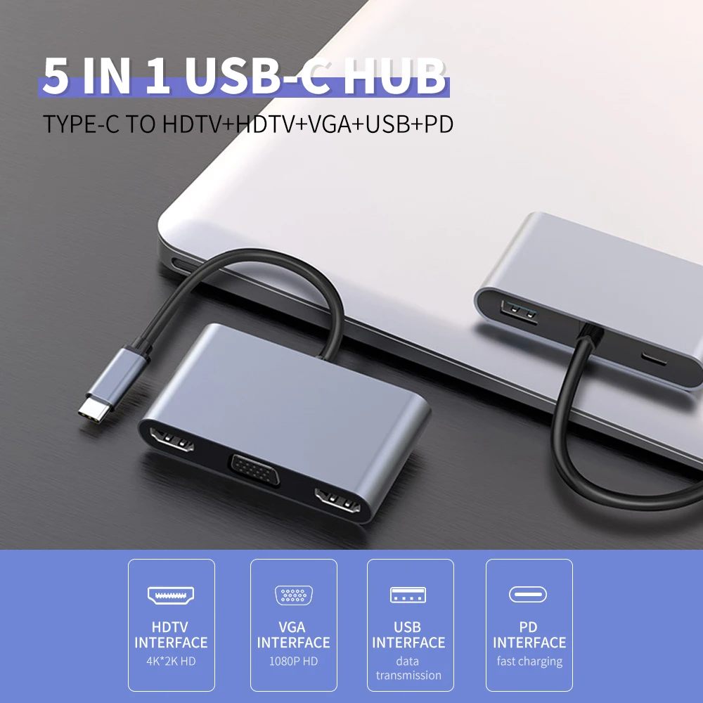 5 в 1 USB-C концентратор многофункциональный адаптер HDTV * 2 + VGA USB PD Поддержка