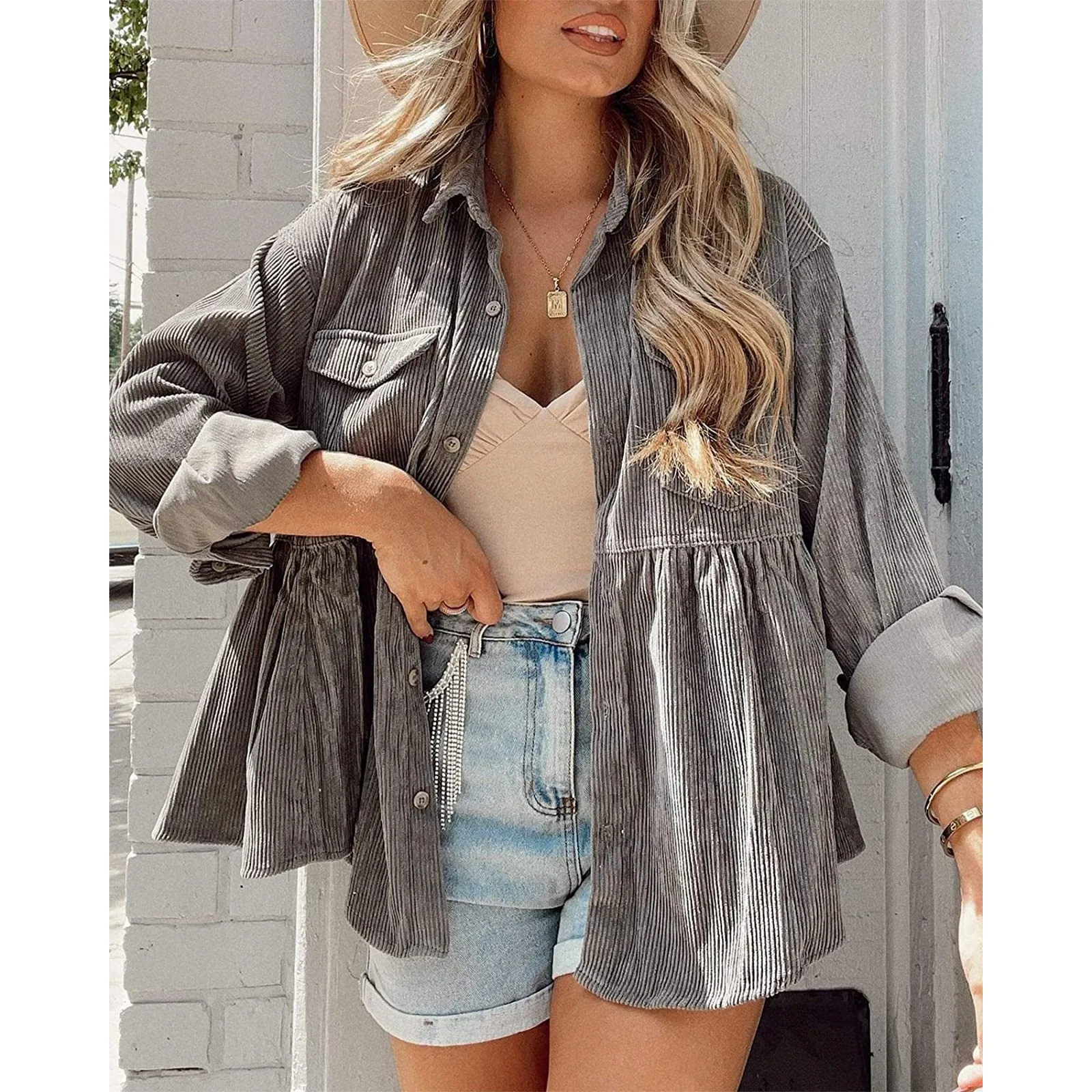 

Fashion Women Blouses Tuen Down Collar Button Up Long Sleeve Blouses With Pockets Solid Color Women's Shirts blusa feminina
