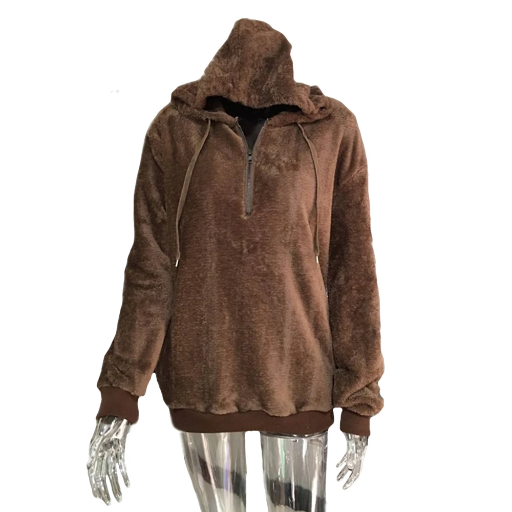 Женский флисовый свитер с капюшоном повседневный однотонный пуловер на молнии