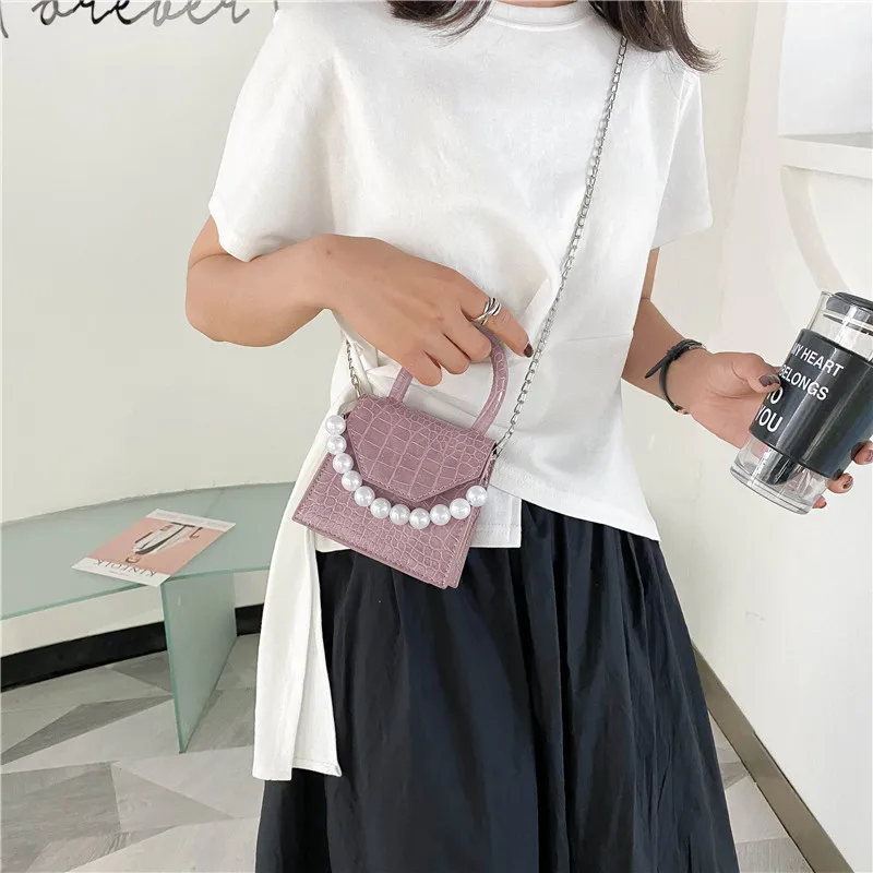 

Fashion Pearl Mini Crossbody Bag Crocodile Print Chain Shoulder Bag PU Leather Purses And Handbags Luxury Women 2021