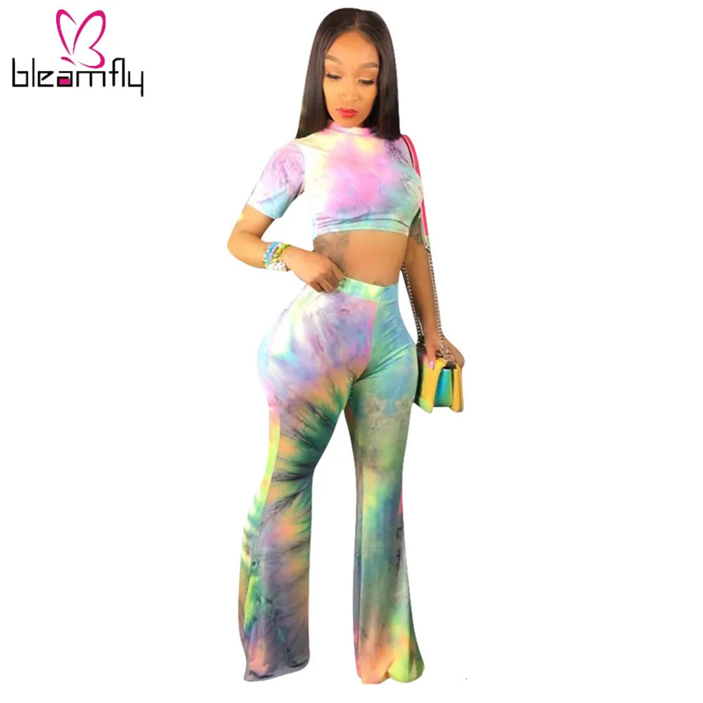 Женская Летняя короткая футболка с принтом Tie Dye Galaxy топ широкие штаны костюм