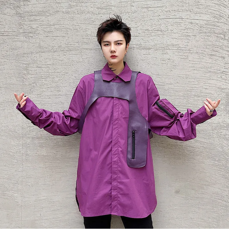 

2021 Fashion Purple Shirt Men's Harajuku Casual PU Waistcoat Shirts With Sleeve Big Pockets Oversize Blouse Dropshipping
