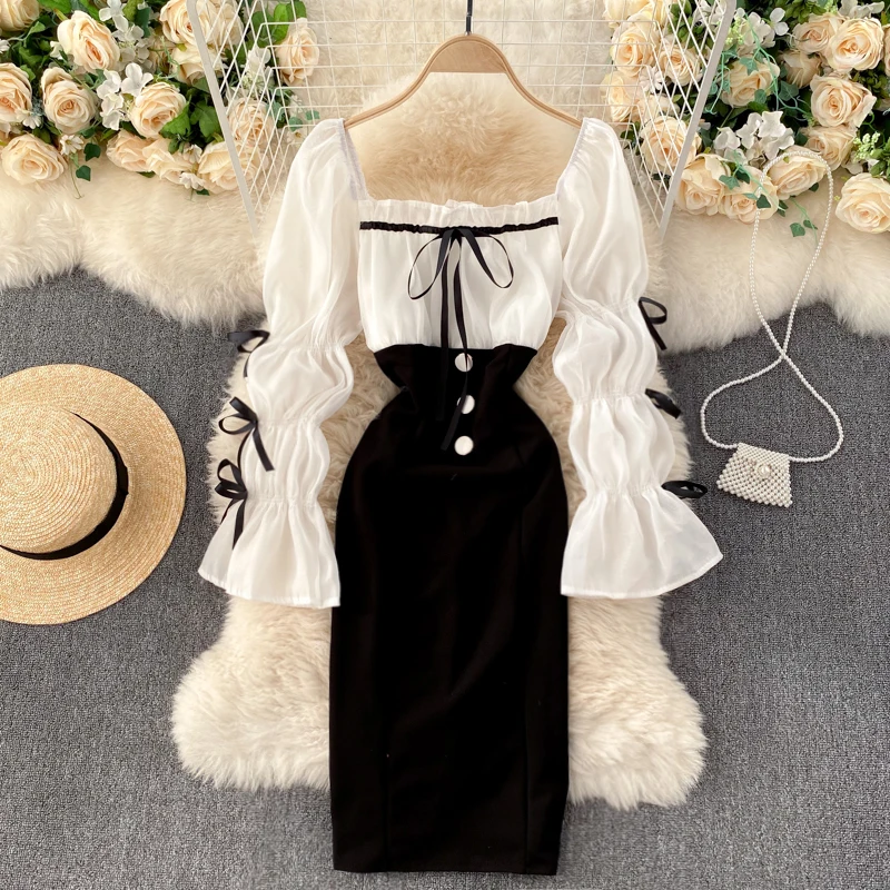 

2020 Spring Autumn Women New Fashion Women Casual Sweet Square Collar Flare Sleeve Mini Party Dress Vestidos J124