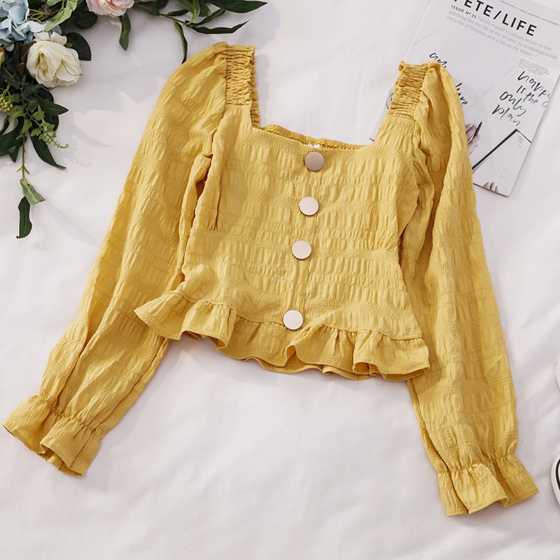 OCEANLOVE Fashion Short Women Tops and Blouses Solid Ruffles Button Square Collar Shirts Spring Summer 2020 Blusas Mujer 13509 | Женская