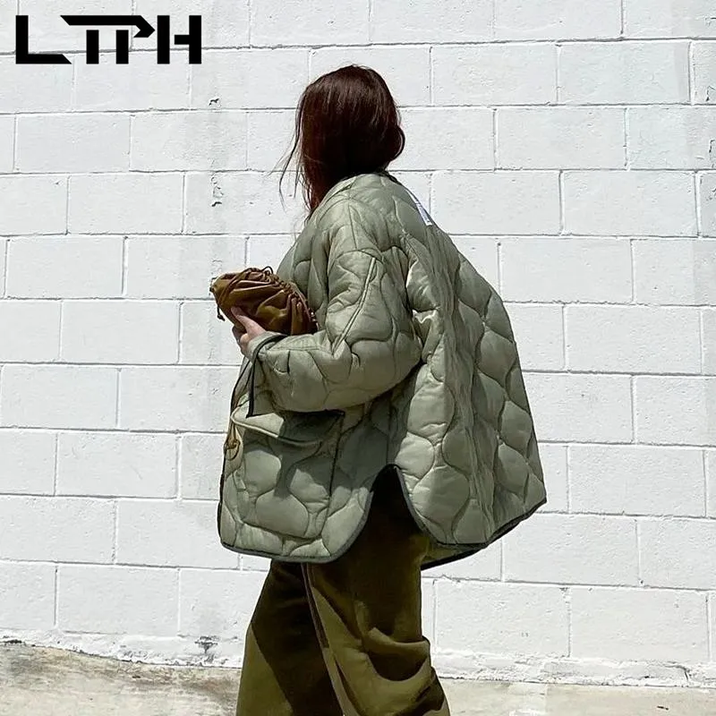 LTPH vintage women parkas green quilted jacket light thin warm large pockets oversized loose mid-length coats 2021 autumn new