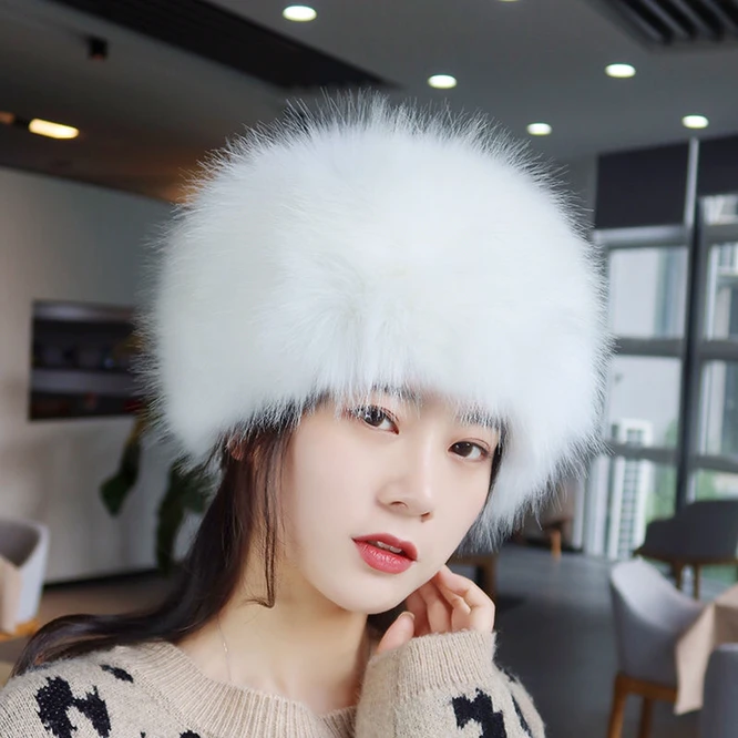 

Women Hats Lady Russian Tick Fluffy imitation Fox Fur Hat Headband Winter Earwarmer Ski Hat Female Hats For Autumn winter White