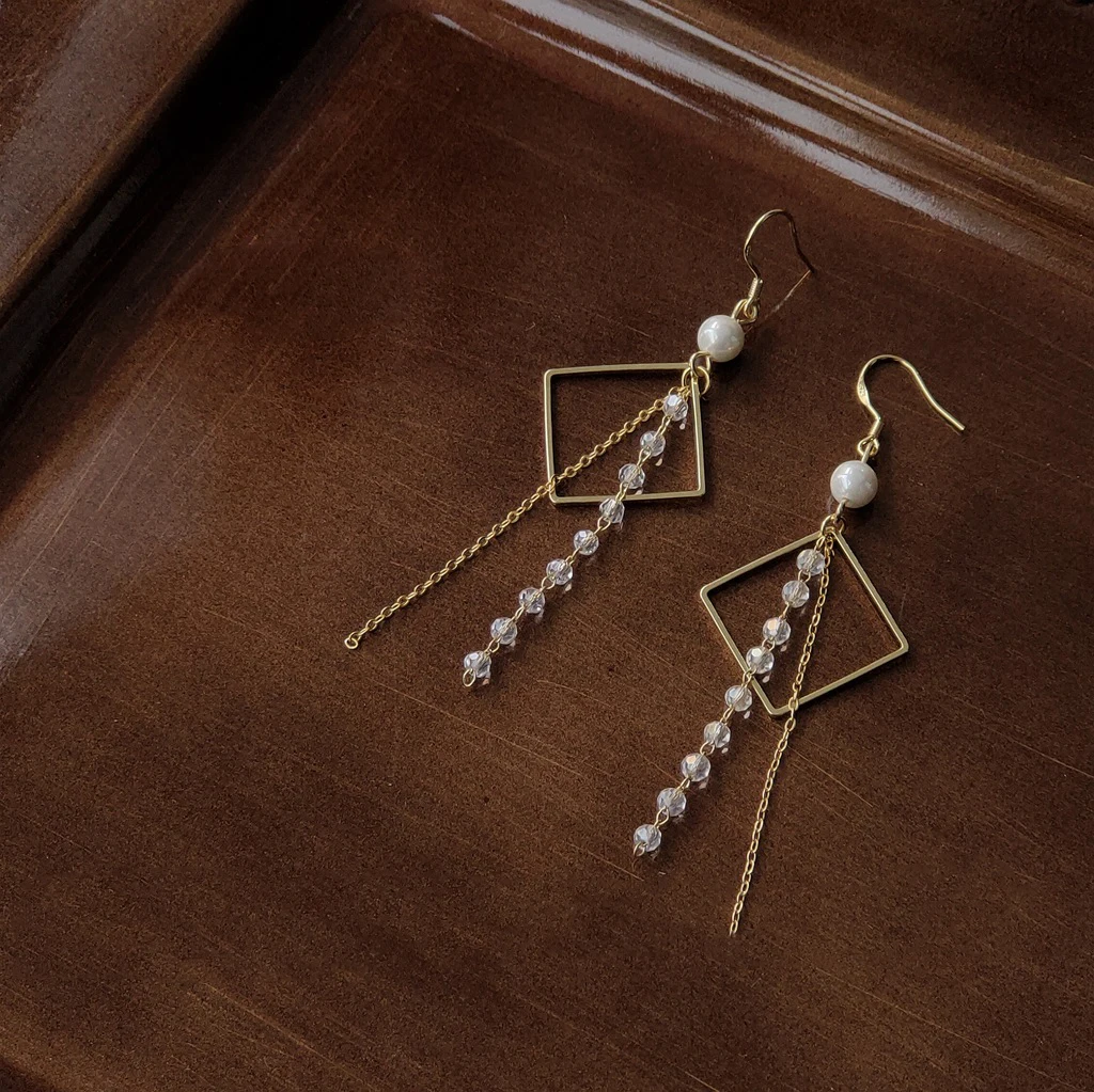 

Fashion Trendy s925 Long Chain Tassel Earrings Gold Luxury Vintage Elegant Tassel Crystal Drop Pearl Earrings for Women