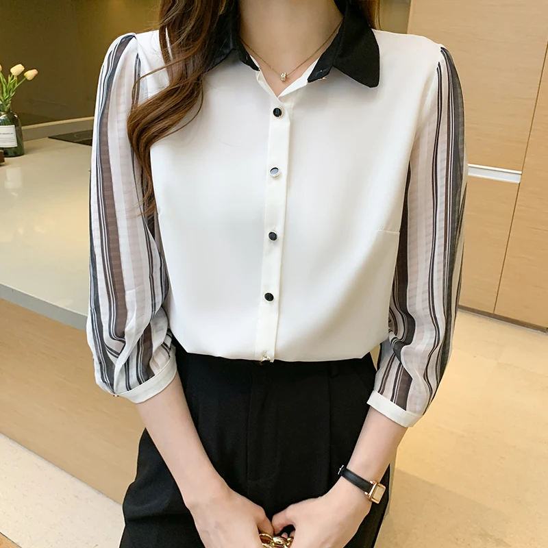 

Chikichi 2021 New Ladies Fashion Stitching Lapel Shirt Chiffon White Three-quarter Sleeve Top Summer Women Shirts