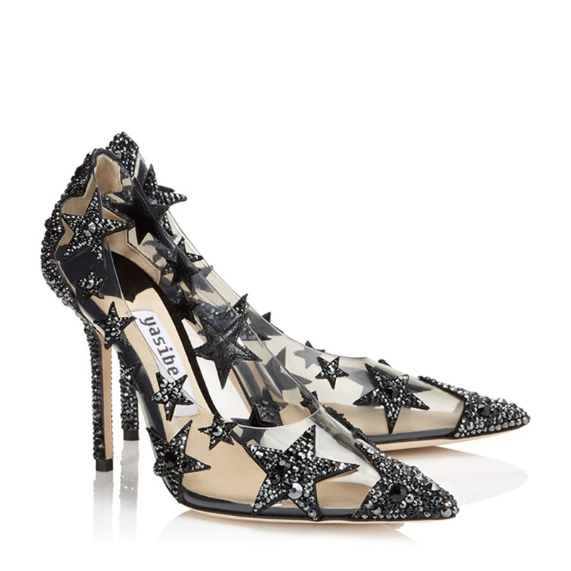 

2021 Ladies High Heel Pointed Toe Transparent Crystal Star Stilettos