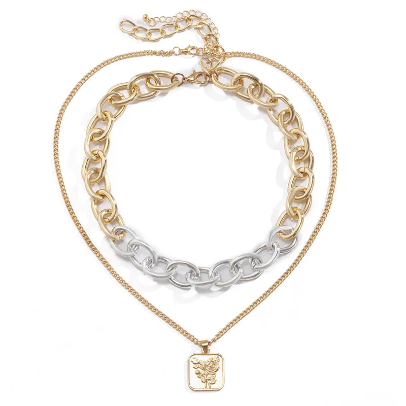 

TIMEONLY Creative Contrast Color Chunky Curb Chain Necklace Square Rose Flower Pendant Necklace for Women Girl Punk Accessories