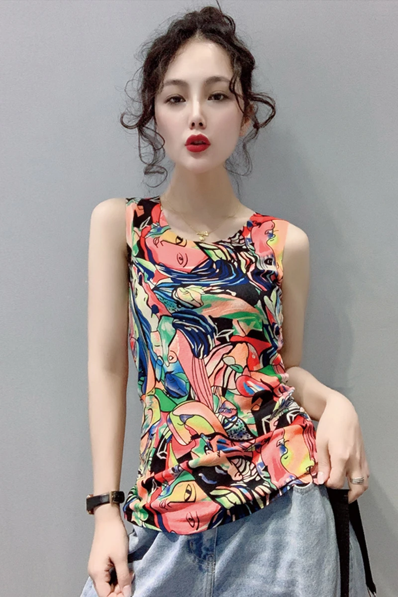 

New Fashion Personality Print Sleeveless Streetwear Woman T-shirt Round Neck Slim Wild Women Clothes 2019 Casual Tops A0702