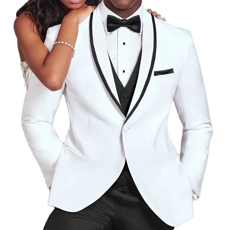 

2022 Fashion White Shawl Lapel Single Button Wedding Tuxedo With Black Vest For Groom 3 Pieces Formal Slim Fit Men Suits