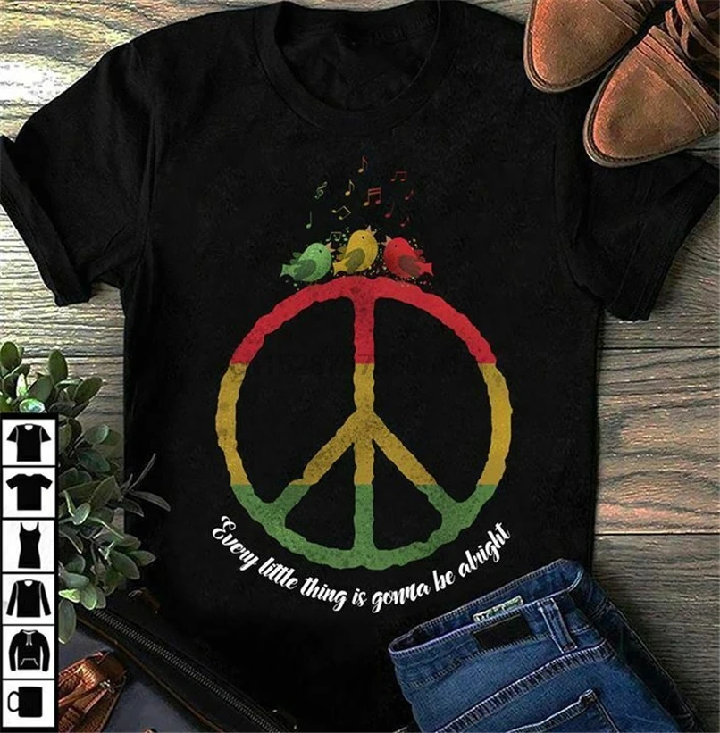 Хиппи три птицы каждая Маленькая вещь будет хорошо футболка черный для мужчин S6Xl