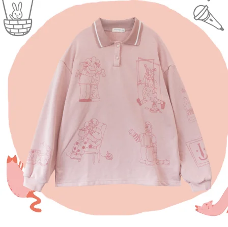 

20120 Women's Spring Autumn Spring Hoodies Sweatshirt Turn-down Collar Long Sleeve Dark Pink Sweet Cartoon Print pullover Tops