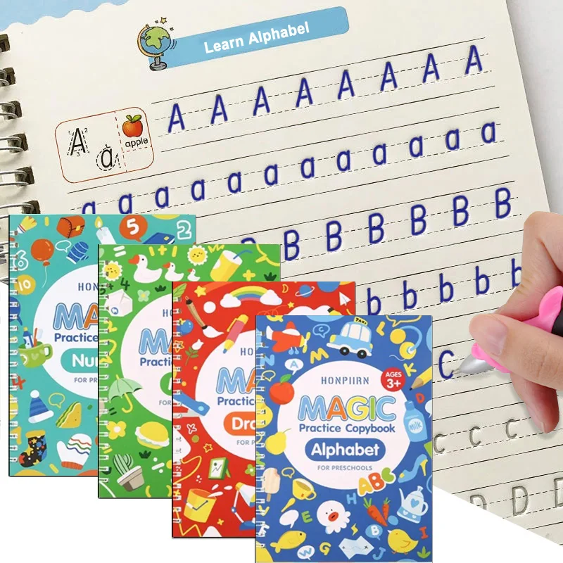 Juego de libros reutilizables para ni&ntilde;os, set de 4 libros para Aprender caligraf&iacute;a, libros de pr&aacute;ctica de escritura, juguete Montessori para beb&eacute;s-0