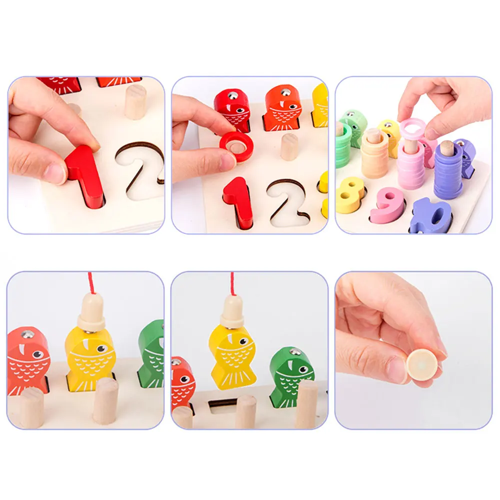 Child Wooden Digital Computing Building Shape Matching Cognitive 3-in-one Hands-on ability magnetic Fishing Log Board Puzzle Toy | Игрушки и