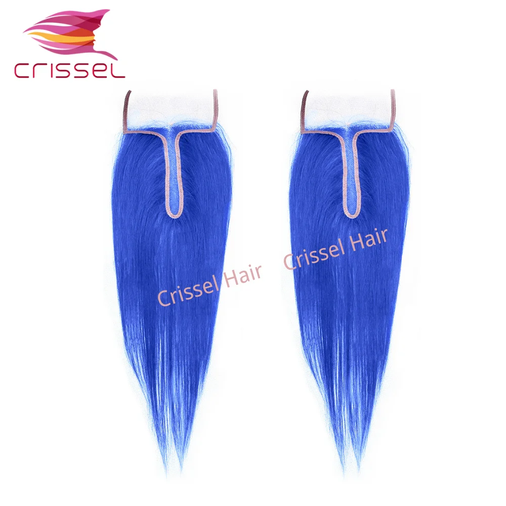 

Crissel Blue Colored 4x4x1 Lace Closure Middle Part Swiss Lace Medium Brown Color T Part Lace Closures Remy Brazilian Hair