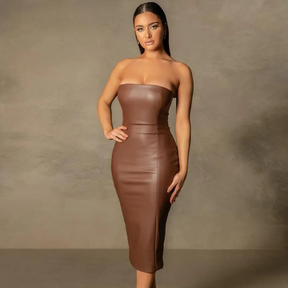 

High Quality Strapless Stretch PU Bodycon Dress Sexy Midi Back Slit Black Chocolate Solid Elegant Outfit Party Leather Dress