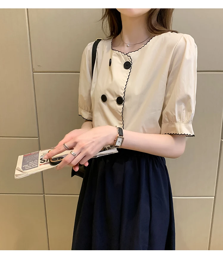 

Houthion Silk Women's Blouses Short Sleeve Top Plus Size Shirt Solid New Korean Casual Tops Fashion Chiffon Blouse Button