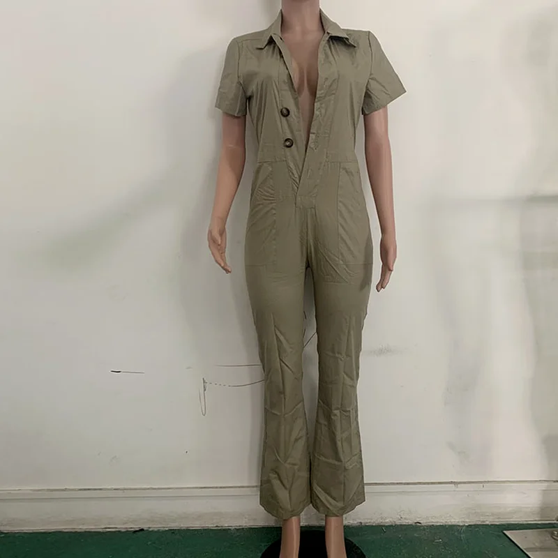 

Women Fashion 2021 Sexy Jumpsuits Turn Down Collar Button Down Jumpsuit Solid Elegant OL Workwear Short Sleeve Overalls Khaki