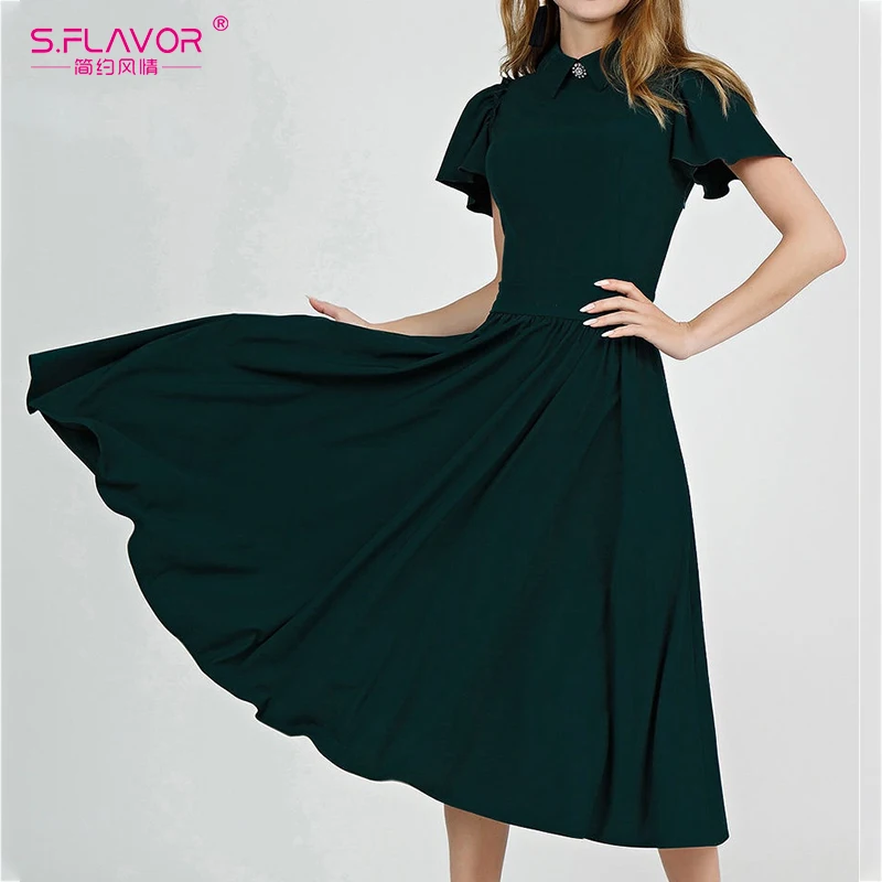 Женское винтажное платье миди S.FLAVOR элегантное зеленое трапеция с коротким