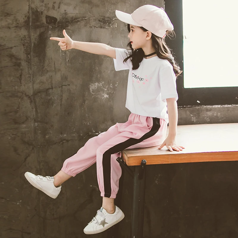 Лето 2019 комплекты одежды для девочек футболка с коротким рукавом и повседневные