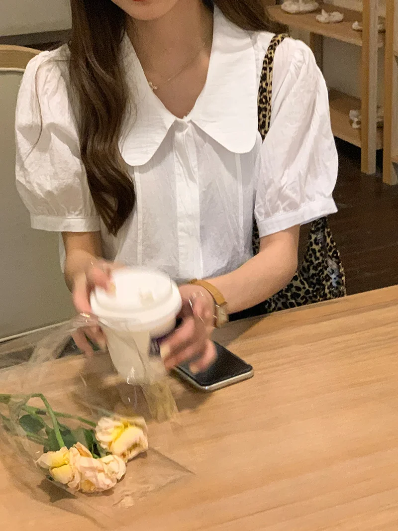 Женская шифоновая блузка с коротким рукавом белая Свободная в Корейском стиле