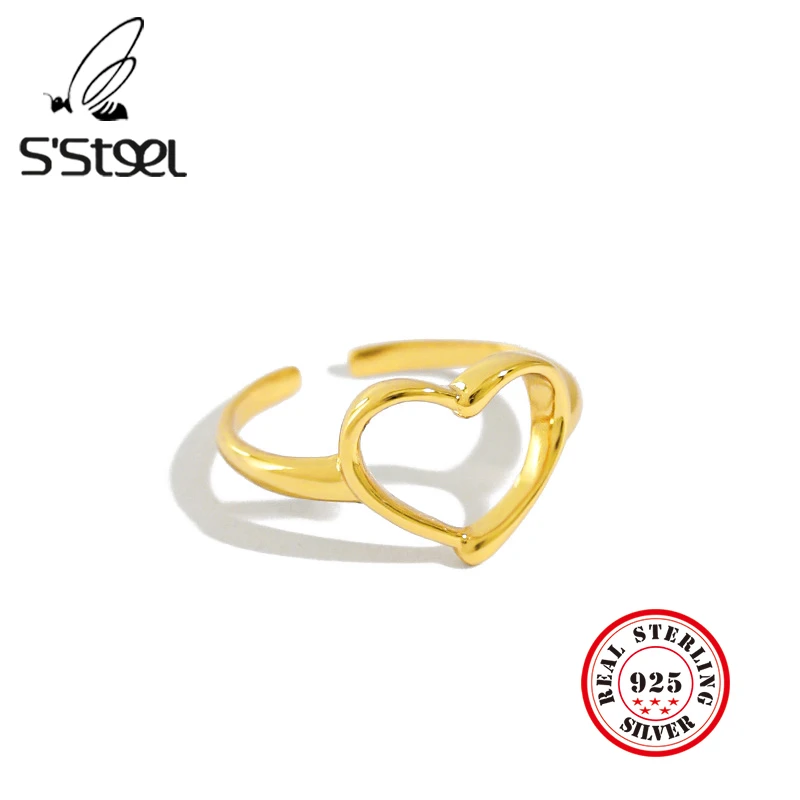 

S'STEEL Korean Rings 925 Sterling Silver Gift For Women Simple Heart-shaped Gold Opening Ring Bague Femme Argent 925 Jewellery