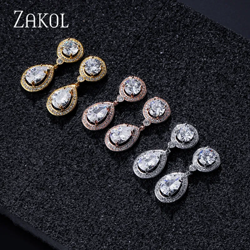 Классические висячие серьги ZAKOL из розового золота и белого кубического циркония