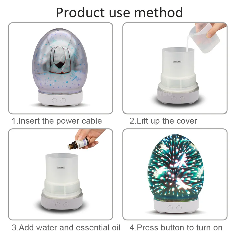 

KBAYBO 100ml Diffuser Air humidifier glass diffuser with 7 colors LED night lights ultrasonic air humidifier mist maker fogger