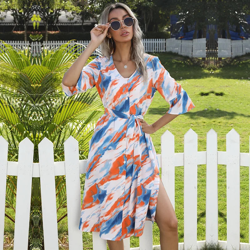 

Women Bohemian Tie-dye Dress Casual Plus Size V-neck Tie Dyeing Printed Split Short Sleeve Party Maxi Dresses Clothing Plus Size