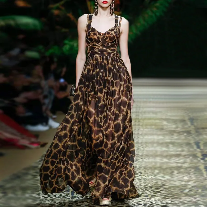 2020 Сексуальное Женское леопардовое платье на тонких бретельках подиумное с v