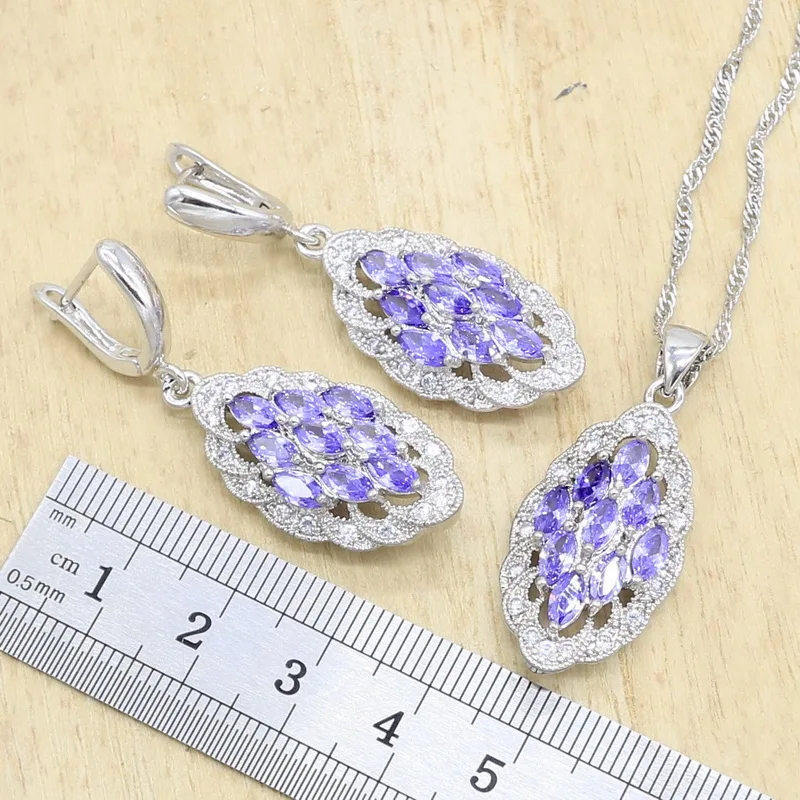 Наборы из натурального фиолетового полудрагоценного ювелирного серебра для женщин - серьги, кольцо, подвеска, ожерелье, браслеты.