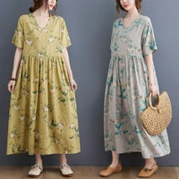 dresses for women 2022 new summer bohemian oversized casual loose women dress short sleeve v neck floral cotton linen maxi dress