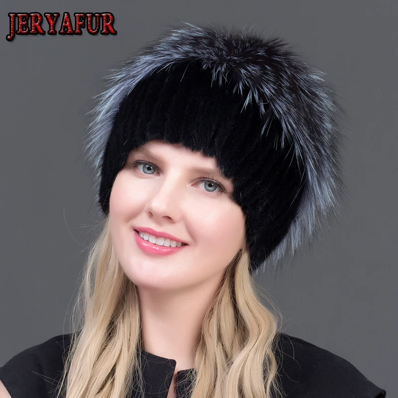 

Женская двухместная шапка JERYAFUR, теплая шапка из натурального меха норки смешанных цветов с мехом чернобурки, зимняя шапка с двойным помпоно...