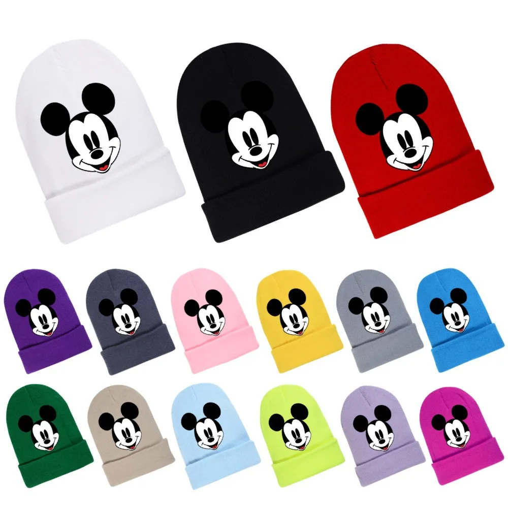 

Autumn Winter Beanie Knitted Hats Kids Boy Girl Cartoon Mickey Mouse Print Hip Hop Hat Children Warmer Student Adult Casual Caps