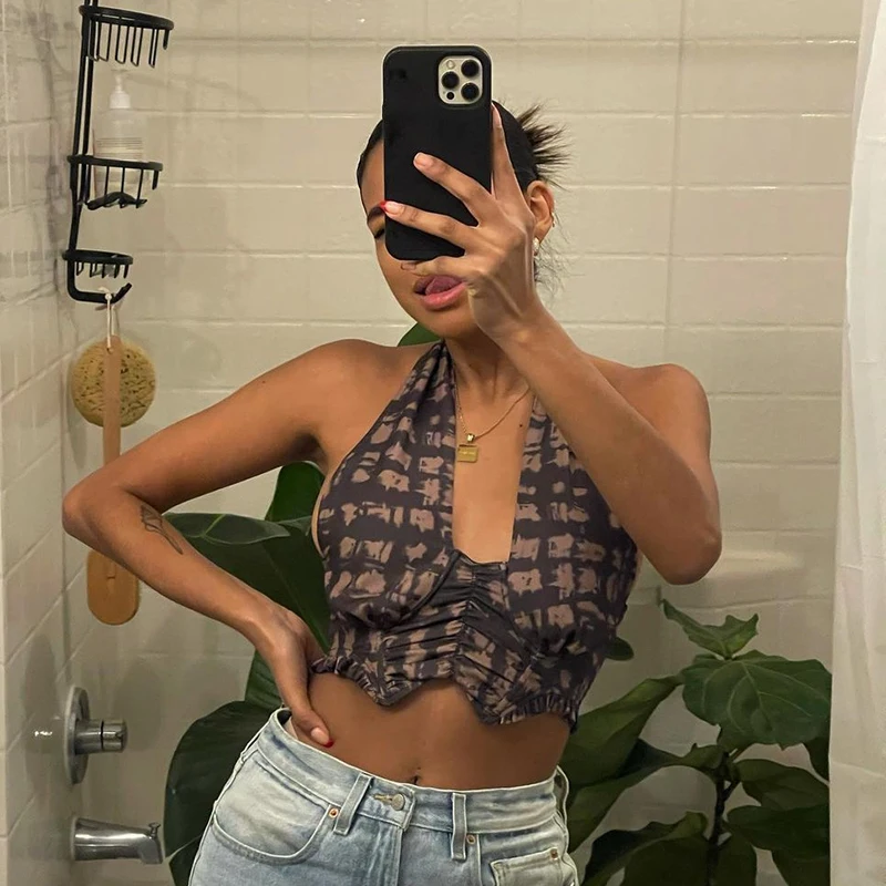 

Укороченный Топ женский, летний, с принтом тай-дай, с рюшами, вечерние