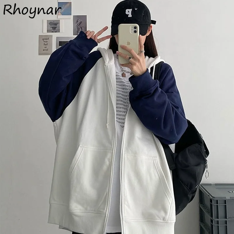 

Basic Jackets Women Hooded Casual Vintage Patchwork Loose Long Sleeve Zip Up BF Harajuku Spring Autumn Front Pockets Streetwear